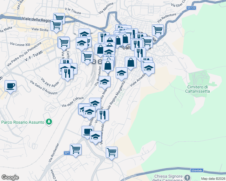 map of restaurants, bars, coffee shops, grocery stores, and more near 129 Via Niscemi in Caltanissetta