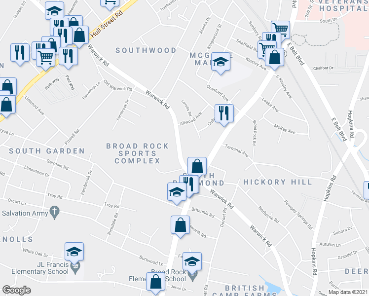 map of restaurants, bars, coffee shops, grocery stores, and more near 4884 Warwick Road in Richmond
