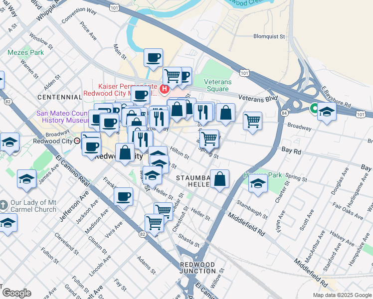 map of restaurants, bars, coffee shops, grocery stores, and more near 326 Hilton Street in Redwood City