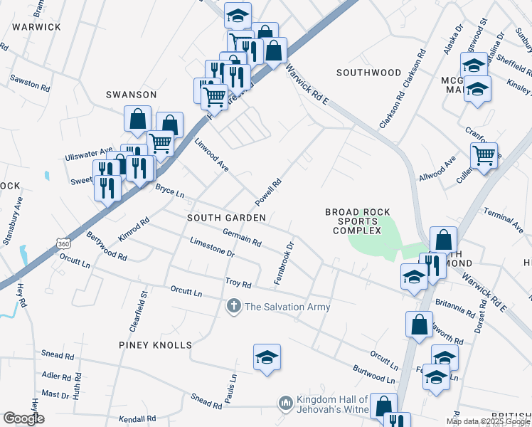 map of restaurants, bars, coffee shops, grocery stores, and more near 2008 Saline Drive in Richmond