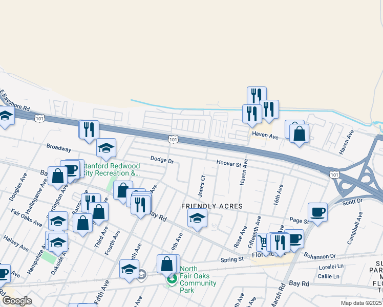 map of restaurants, bars, coffee shops, grocery stores, and more near 3255 Hoover Street in Redwood City