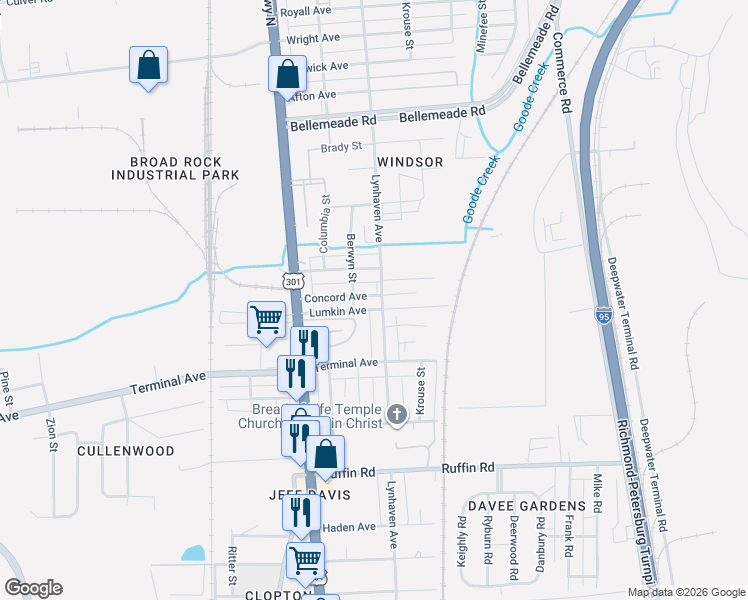 map of restaurants, bars, coffee shops, grocery stores, and more near 2312 Lumkin Avenue in Richmond