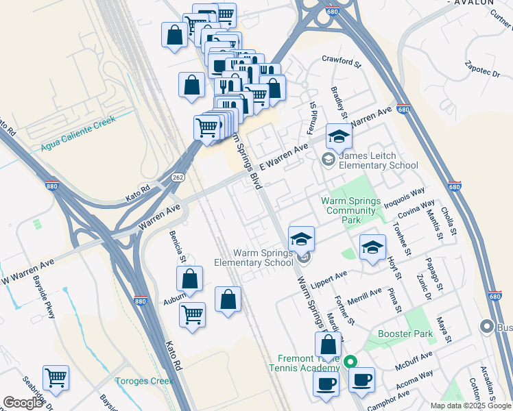 map of restaurants, bars, coffee shops, grocery stores, and more near 47112 Warm Springs Boulevard in Fremont