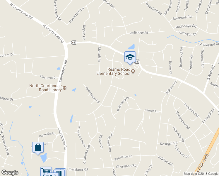 map of restaurants, bars, coffee shops, grocery stores, and more near 404 Marbleridge Road in Richmond