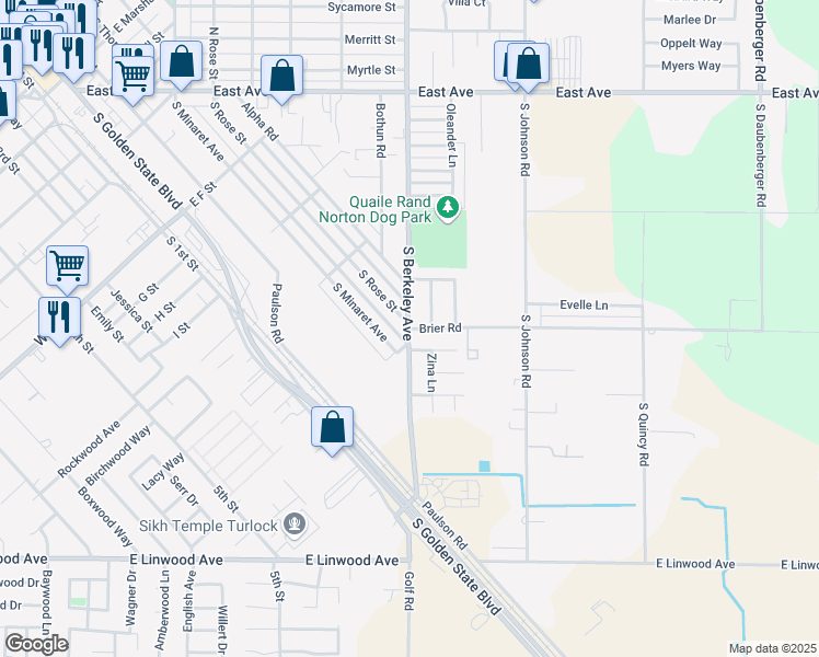 map of restaurants, bars, coffee shops, grocery stores, and more near South Berkeley Avenue & Brier Road in Turlock