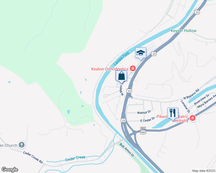 map of restaurants, bars, coffee shops, grocery stores, and more near 101-299 Adams Lane in Pikeville