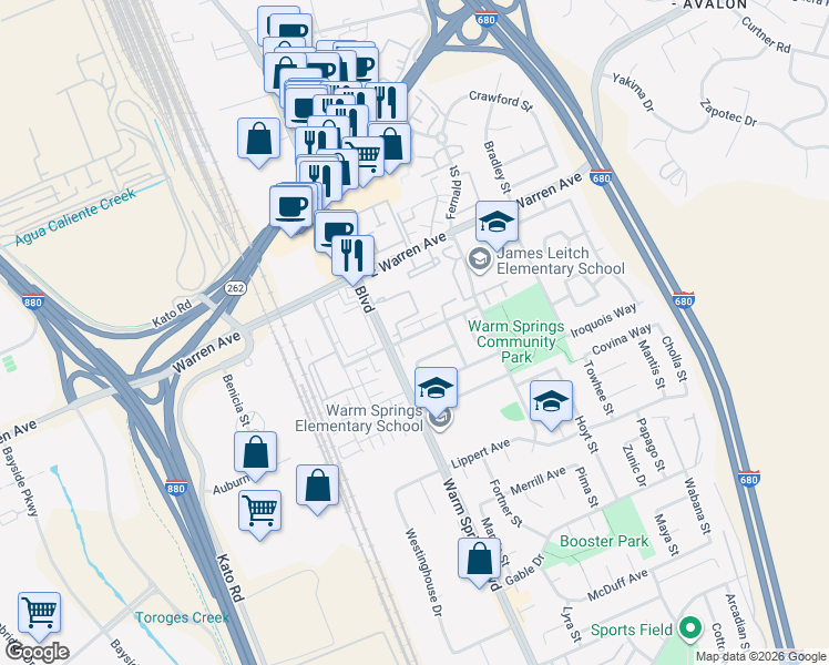 map of restaurants, bars, coffee shops, grocery stores, and more near 118 Hackamore Lane in Fremont
