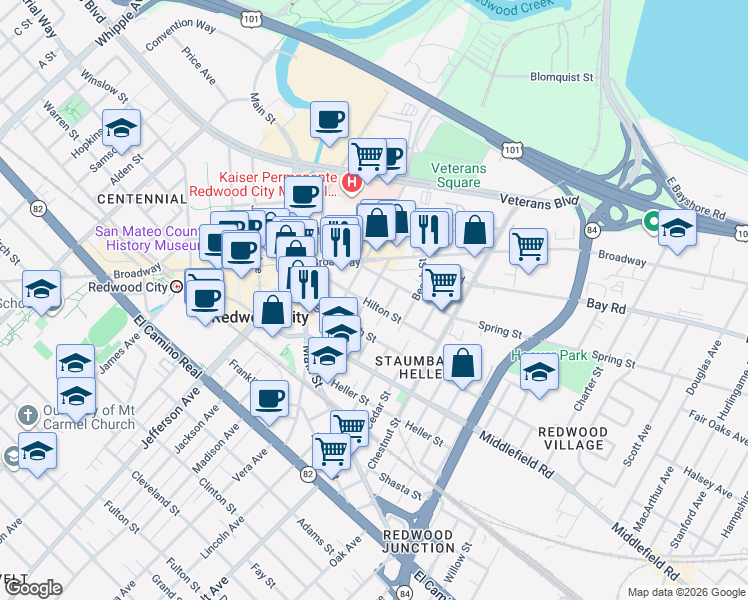 map of restaurants, bars, coffee shops, grocery stores, and more near 702 Cassia Street in Redwood City