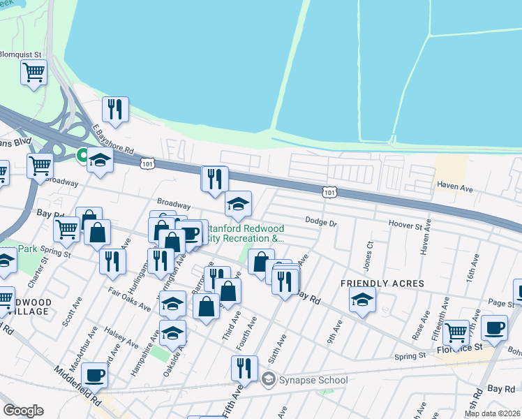 map of restaurants, bars, coffee shops, grocery stores, and more near 1107 Second Avenue in Redwood City