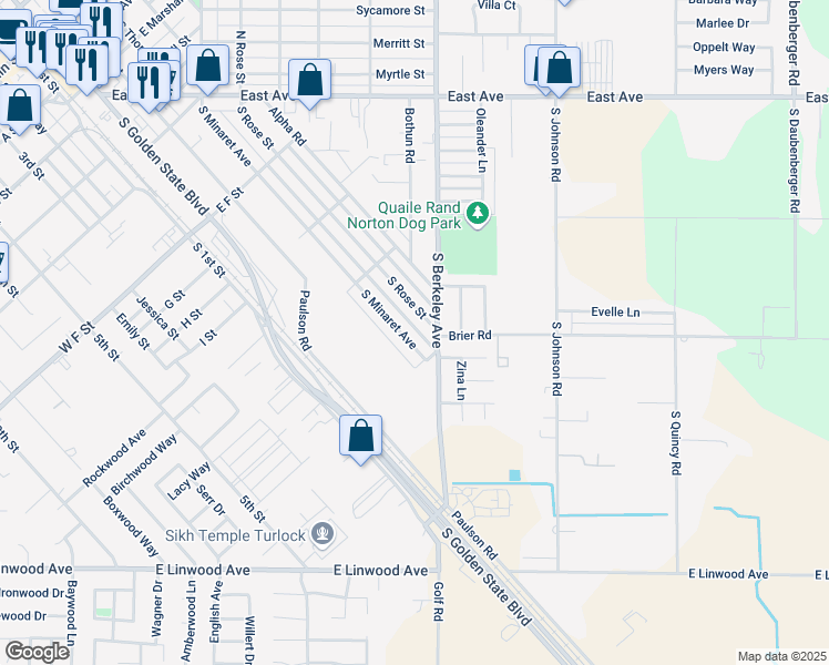 map of restaurants, bars, coffee shops, grocery stores, and more near 405 Little Street in Turlock