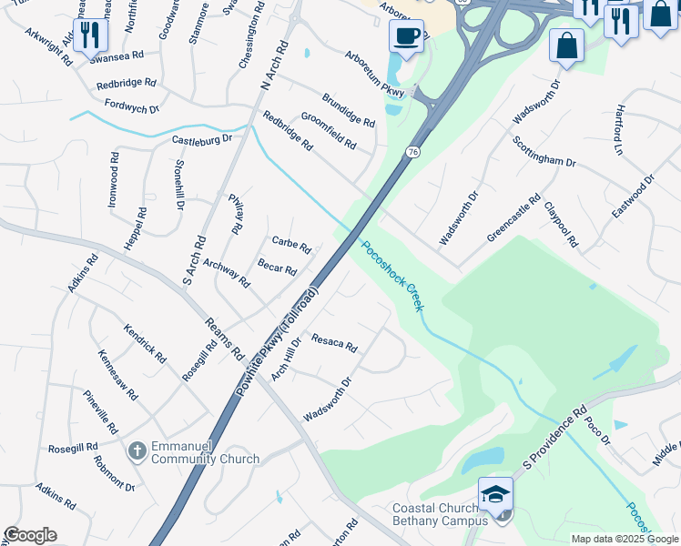 map of restaurants, bars, coffee shops, grocery stores, and more near 912 Arch Hill Drive in Richmond