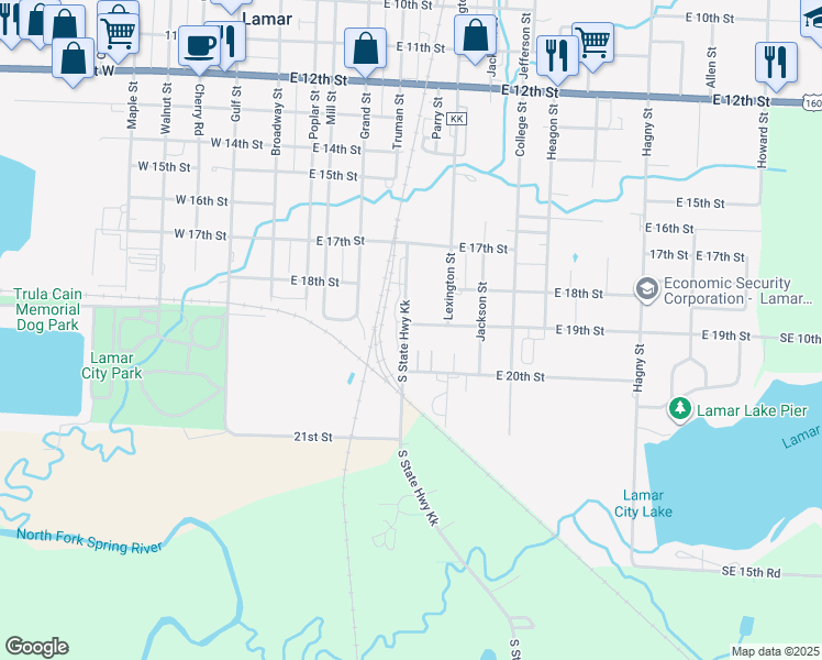 map of restaurants, bars, coffee shops, grocery stores, and more near 601 East 19th Street in Lamar