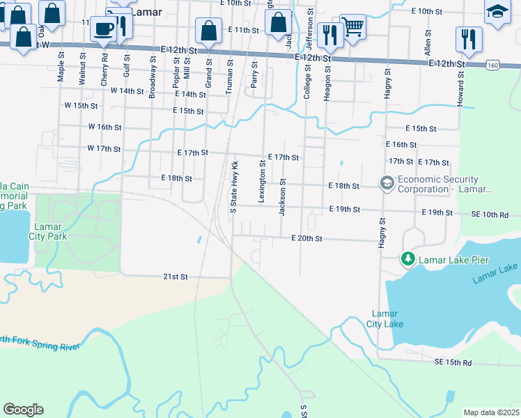 map of restaurants, bars, coffee shops, grocery stores, and more near 701 East 19th Street in Lamar