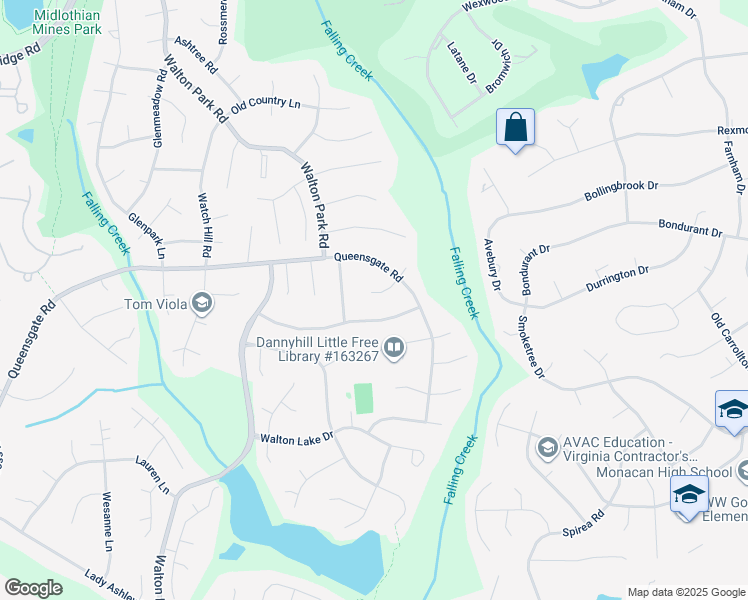 map of restaurants, bars, coffee shops, grocery stores, and more near 12519 Shadyglen Court in Midlothian