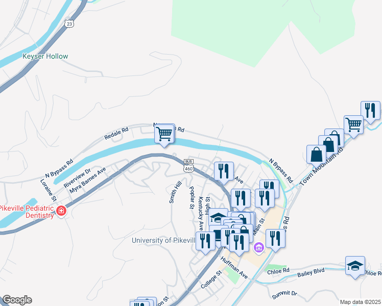 map of restaurants, bars, coffee shops, grocery stores, and more near 563 Hambley Boulevard in Pikeville