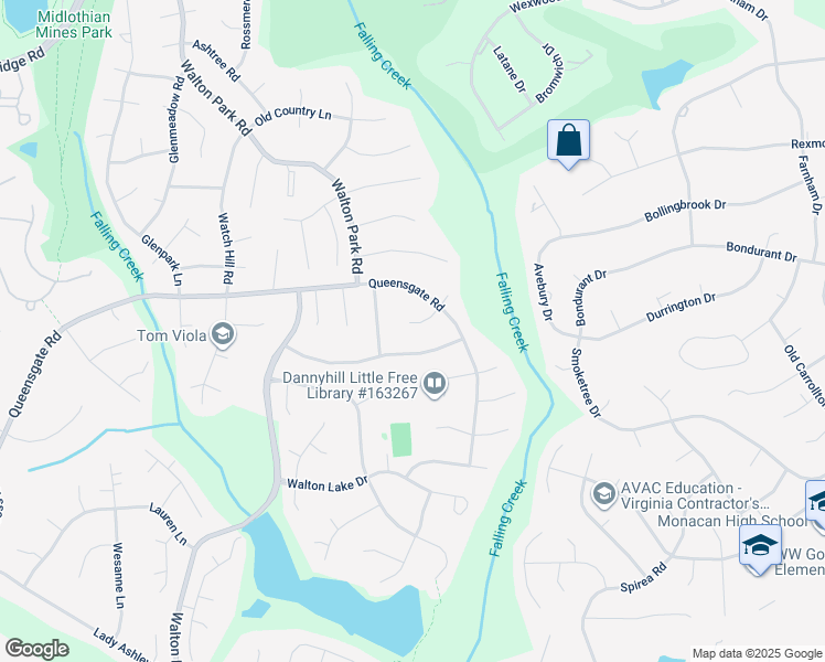 map of restaurants, bars, coffee shops, grocery stores, and more near 12519 Shadyglen Court in Midlothian