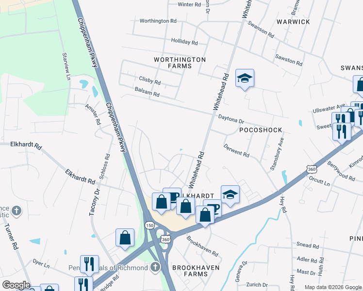 map of restaurants, bars, coffee shops, grocery stores, and more near 1400 Greenbank Road in Richmond