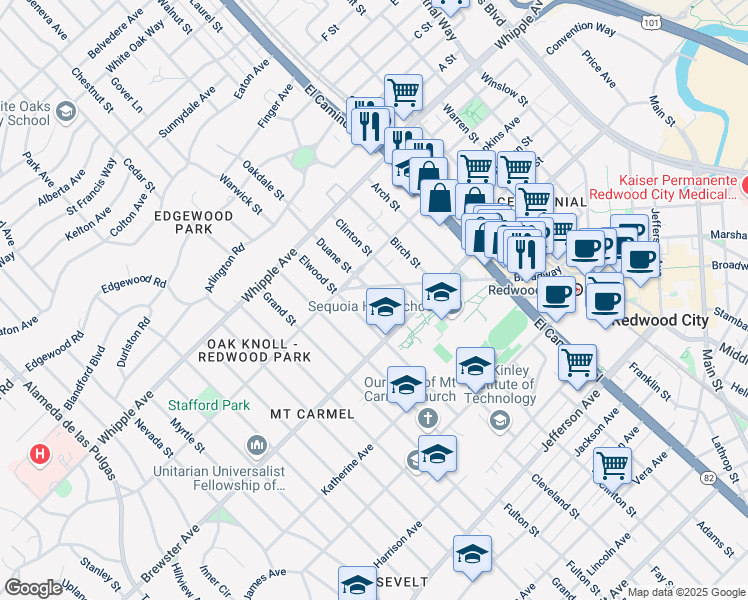 map of restaurants, bars, coffee shops, grocery stores, and more near 150 Duane Street in Redwood City