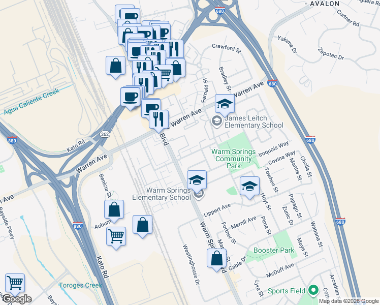 map of restaurants, bars, coffee shops, grocery stores, and more near 55 Hackamore Lane in Fremont