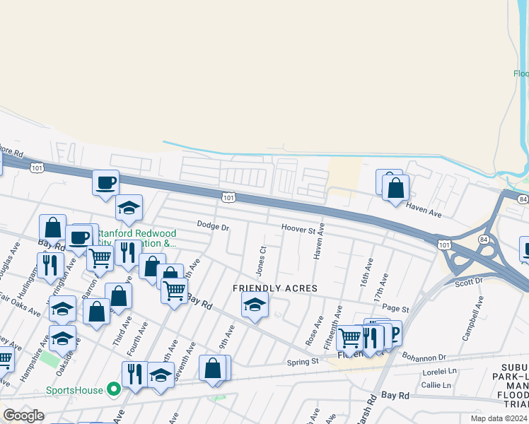 map of restaurants, bars, coffee shops, grocery stores, and more near 3407 Hoover Street in Redwood City