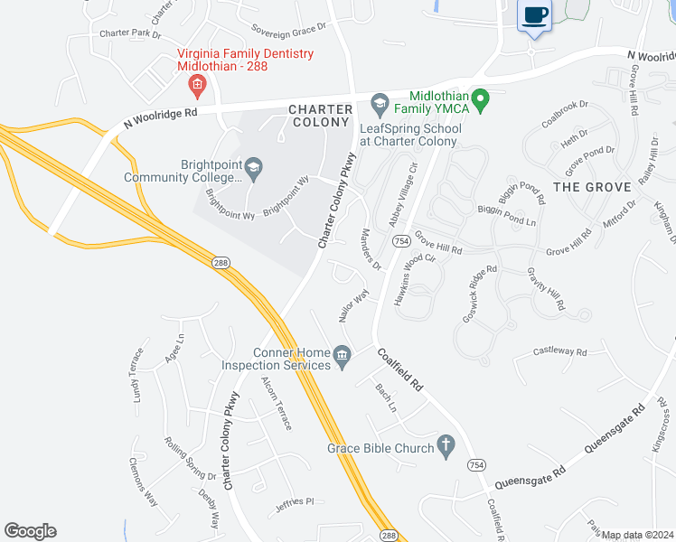 map of restaurants, bars, coffee shops, grocery stores, and more near 13736 Nailor Way in Midlothian