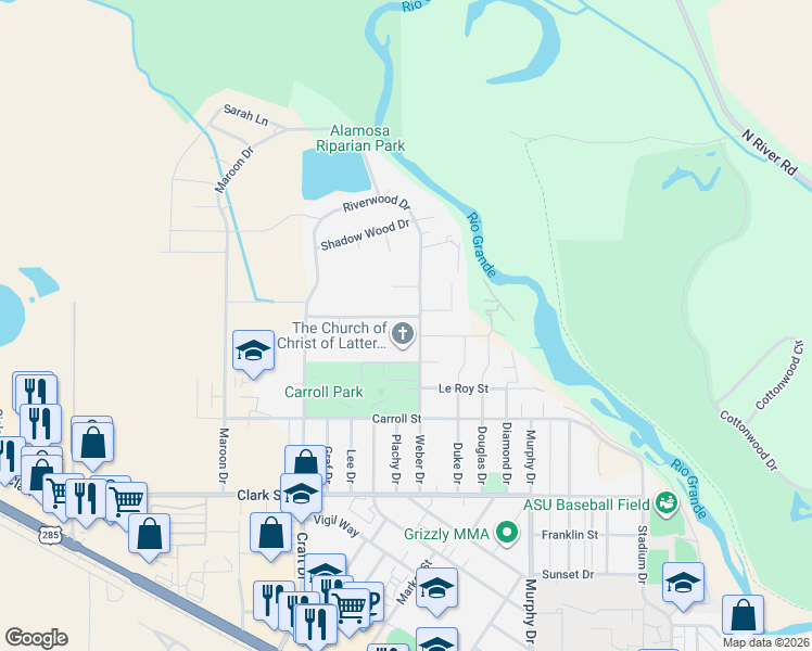 map of restaurants, bars, coffee shops, grocery stores, and more near 955-999 Weber Drive in Alamosa