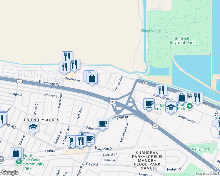 map of restaurants, bars, coffee shops, grocery stores, and more near 3645 Haven Avenue in Menlo Park