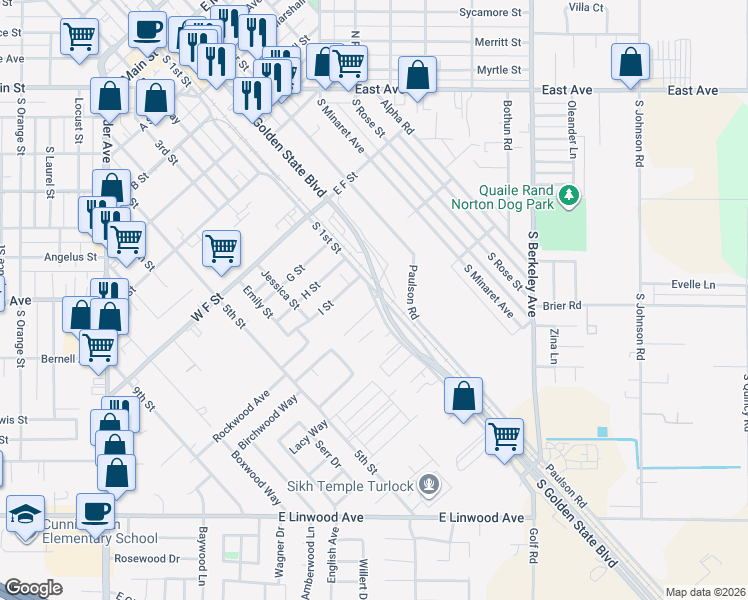 map of restaurants, bars, coffee shops, grocery stores, and more near 1016 South 1st Street in Turlock