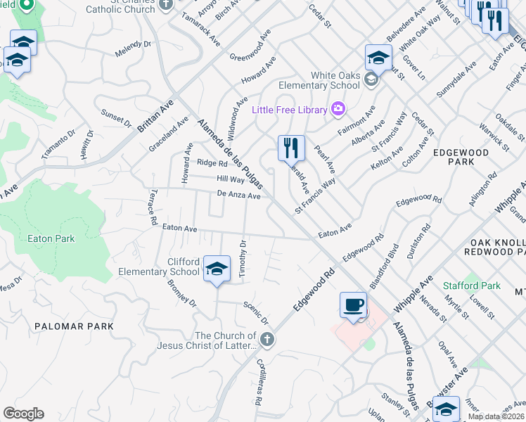 map of restaurants, bars, coffee shops, grocery stores, and more near 125a Eaton Villa Place in Redwood City