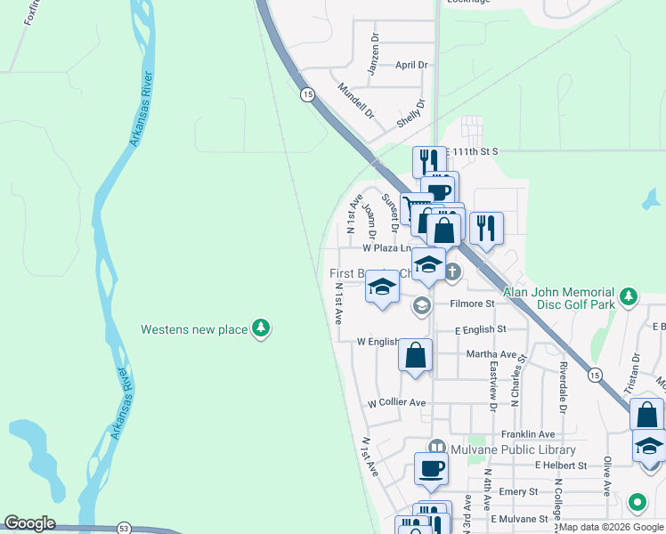 map of restaurants, bars, coffee shops, grocery stores, and more near 919 North 1st Avenue in Mulvane