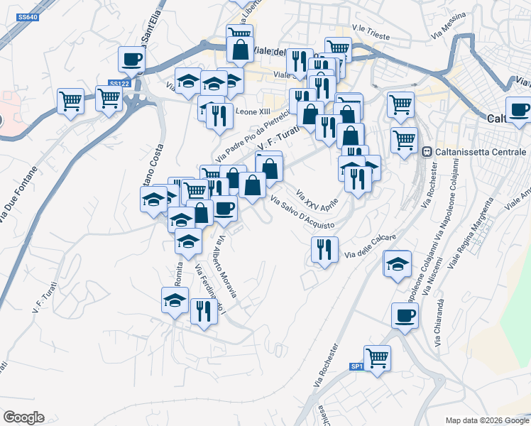 map of restaurants, bars, coffee shops, grocery stores, and more near 113 Via Aldo Moro in Caltanissetta