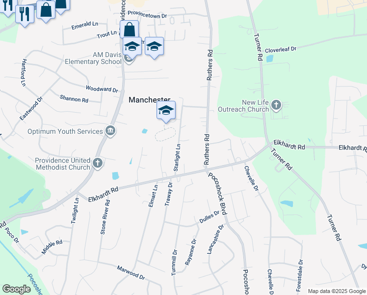 map of restaurants, bars, coffee shops, grocery stores, and more near 1101 Starlight Lane in Richmond