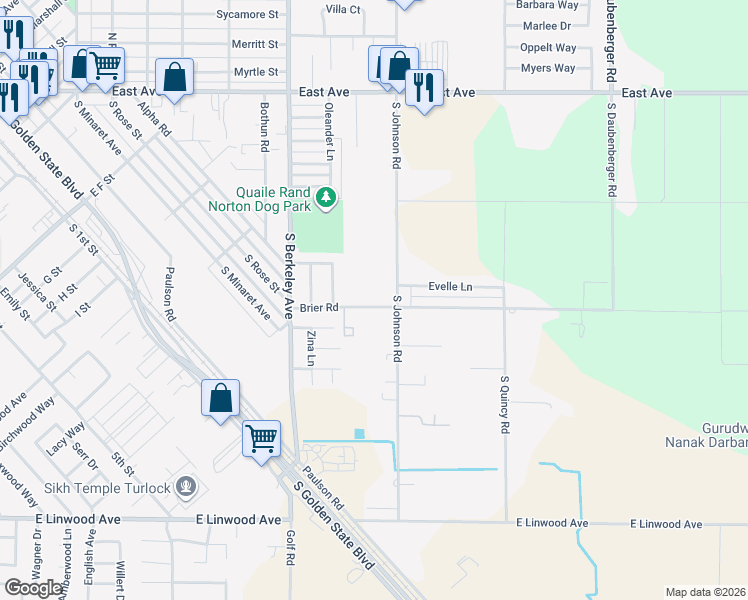 map of restaurants, bars, coffee shops, grocery stores, and more near 1901 Brier Road in Turlock
