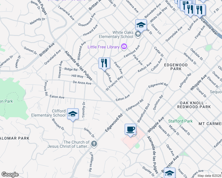 map of restaurants, bars, coffee shops, grocery stores, and more near 213 Garnet Avenue in San Carlos