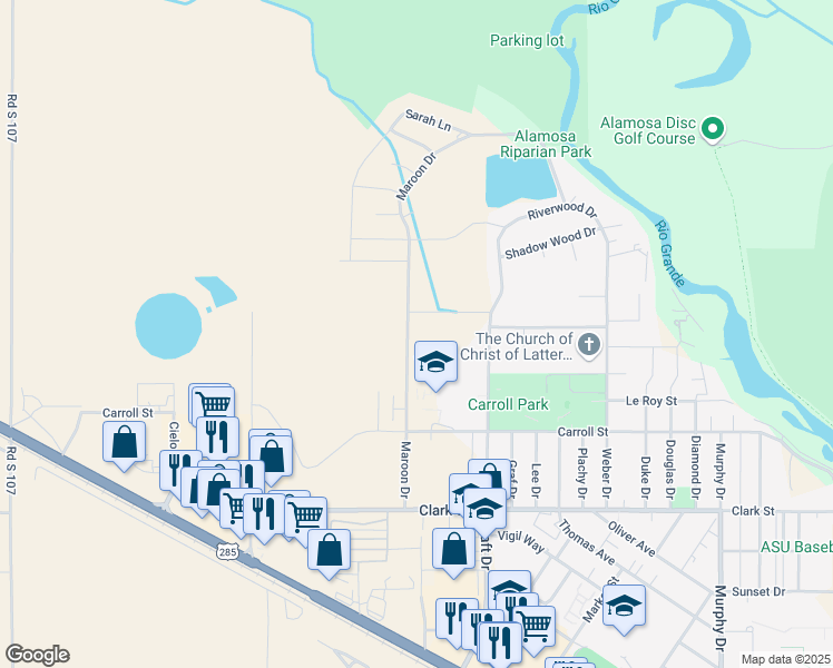 map of restaurants, bars, coffee shops, grocery stores, and more near 1308 Maroon Drive in Alamosa