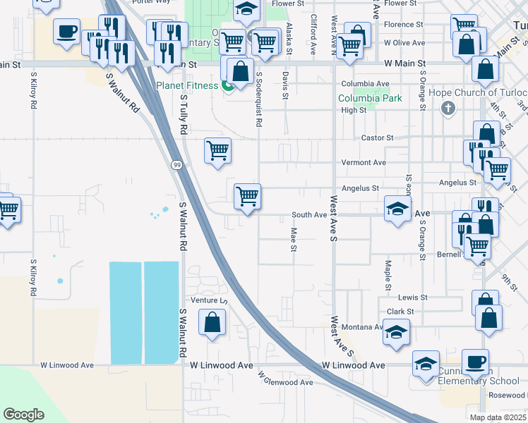 map of restaurants, bars, coffee shops, grocery stores, and more near 800 South Soderquist Road in Turlock