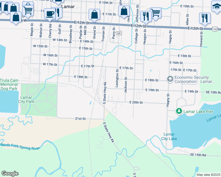 map of restaurants, bars, coffee shops, grocery stores, and more near 600 East 20th Street in Lamar