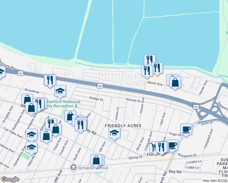 map of restaurants, bars, coffee shops, grocery stores, and more near 3255 Hoover Street in Redwood City