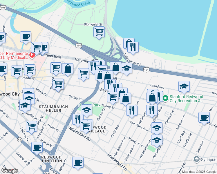 map of restaurants, bars, coffee shops, grocery stores, and more near 2300 Bay Road in Redwood City