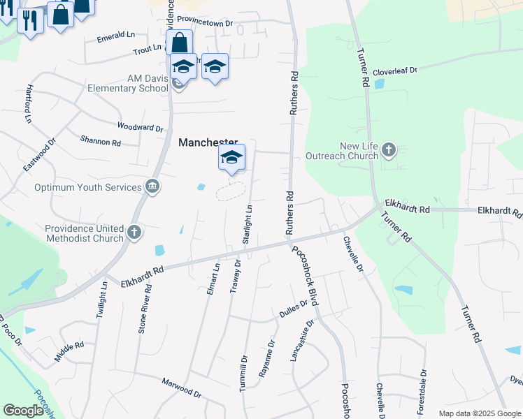 map of restaurants, bars, coffee shops, grocery stores, and more near 1101 Starlight Lane in Richmond