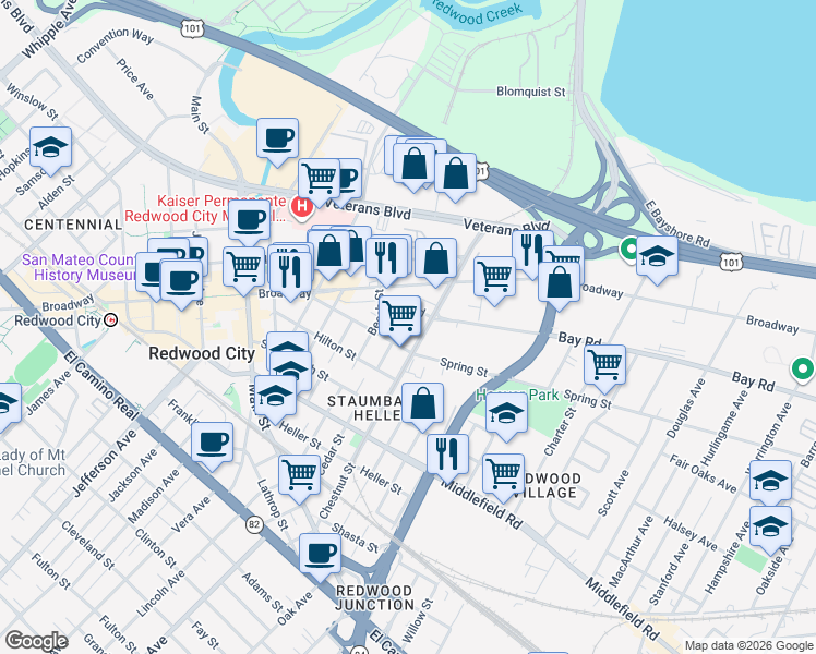 map of restaurants, bars, coffee shops, grocery stores, and more near 627 Spring Street in Redwood City