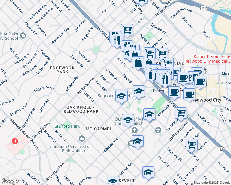 map of restaurants, bars, coffee shops, grocery stores, and more near 100 Duane Street in Redwood City