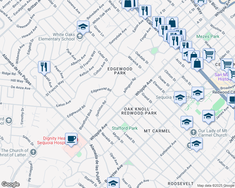 map of restaurants, bars, coffee shops, grocery stores, and more near 56 Melrose Place in Redwood City