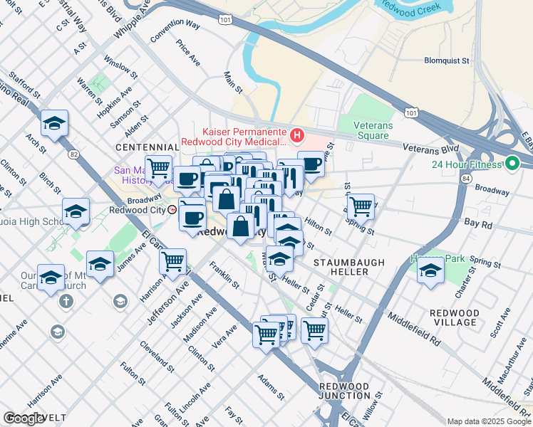 map of restaurants, bars, coffee shops, grocery stores, and more near 903 Main Street in Redwood City