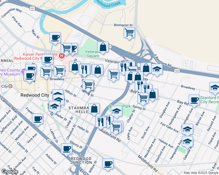 map of restaurants, bars, coffee shops, grocery stores, and more near 932-1924 Bay Rd in Redwood City