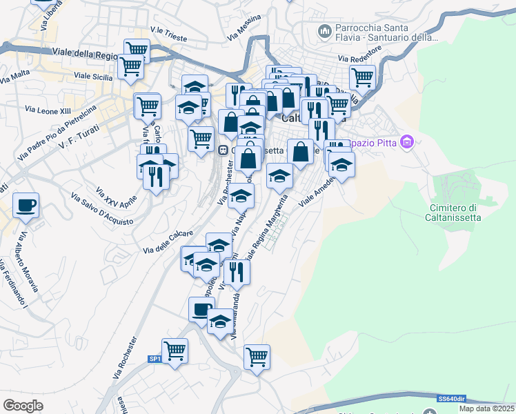 map of restaurants, bars, coffee shops, grocery stores, and more near 129 Via Niscemi in Caltanissetta