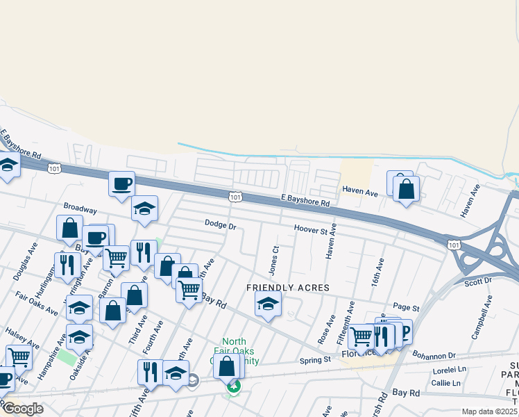 map of restaurants, bars, coffee shops, grocery stores, and more near 3255 Hoover Street in Redwood City