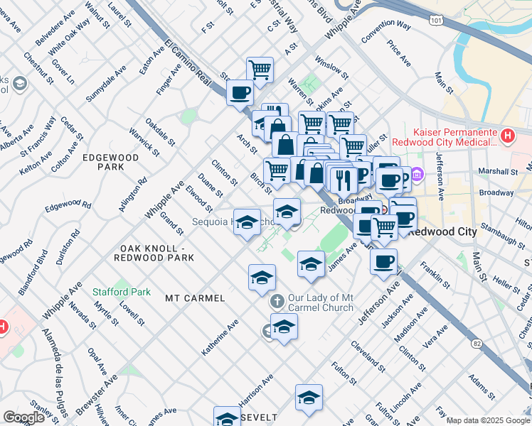 map of restaurants, bars, coffee shops, grocery stores, and more near 191 Duane Street in Redwood City