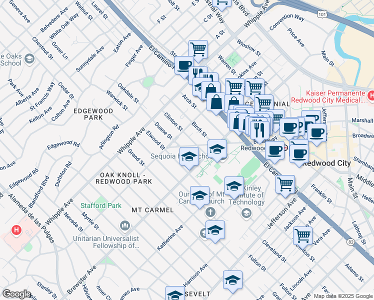 map of restaurants, bars, coffee shops, grocery stores, and more near 191 Duane Street in Redwood City