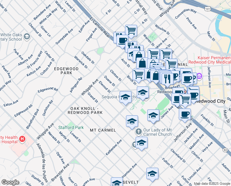 map of restaurants, bars, coffee shops, grocery stores, and more near 149 Elwood Street in Redwood City